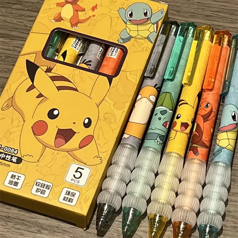 5 Pieces Pikachu Pokemon Gel Pen Set Ballpoint Pen Cartoon Printing Pen for Writing Students Stationery Office Supplies