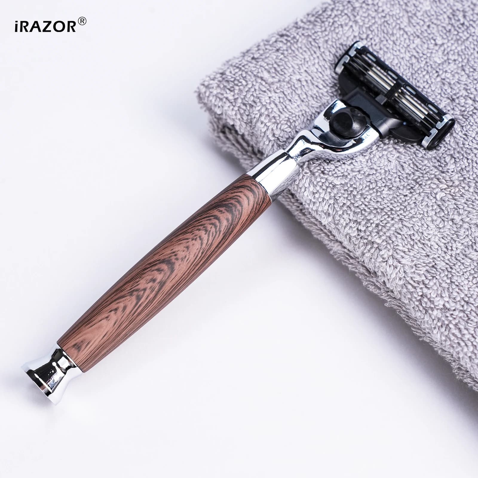 iRAZOR Rasoio da barba classico a tripla lama a 3 strati con manico in alluminio con venature del legno Strumento per toelettatura barba per uomo Regalo di compleanno