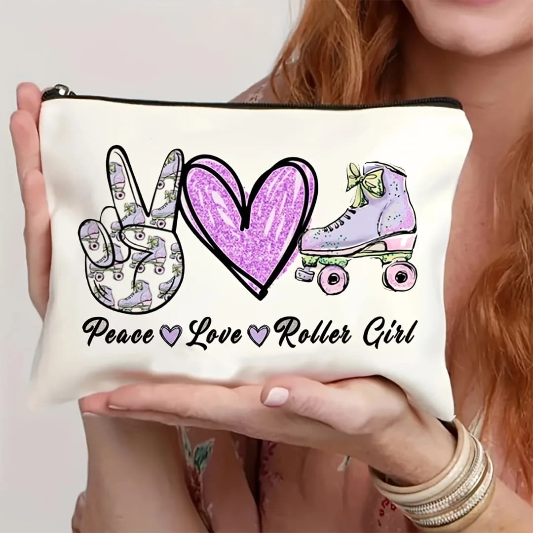 1 pezzo Borsa da viaggio multifunzionale con design retrò Peace, Love & Roller Skating Girl, borsa per snack, borsa per articoli di cancelleria, borsa da toilette alla moda, astuccio con cerniera stampato su entrambi i lati in tela