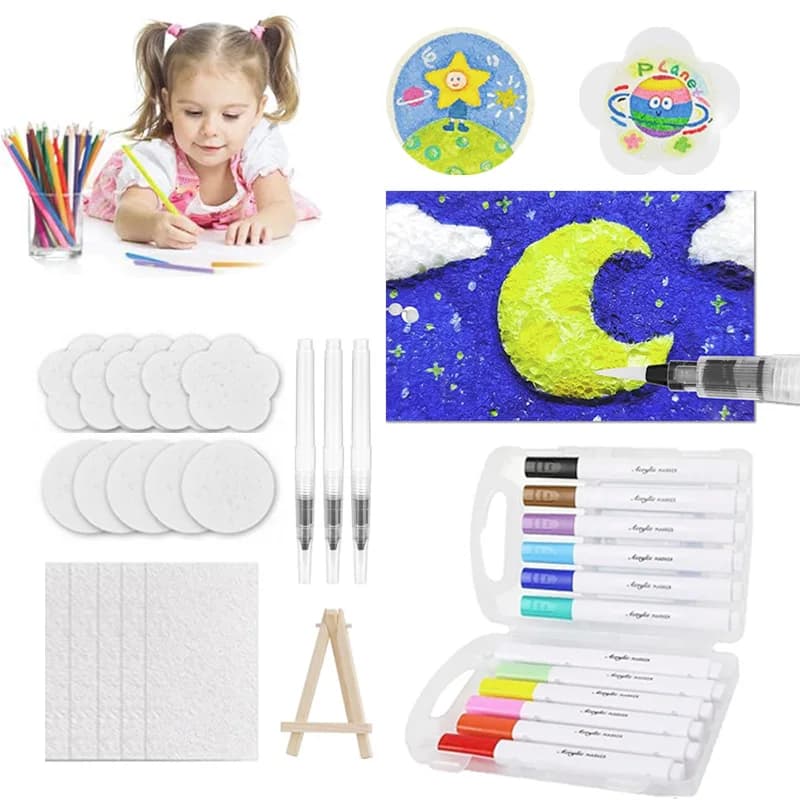Magic Foam Texture Painting Kit 3D Puffy Paint Set with 15 Textured Foam Sheets 12 Bright Acrylic Markers 3 Water Brushes DIY Creative Craft for Kid's Drawing Creative Gift Toys Children's Art Set Toys Multifunction