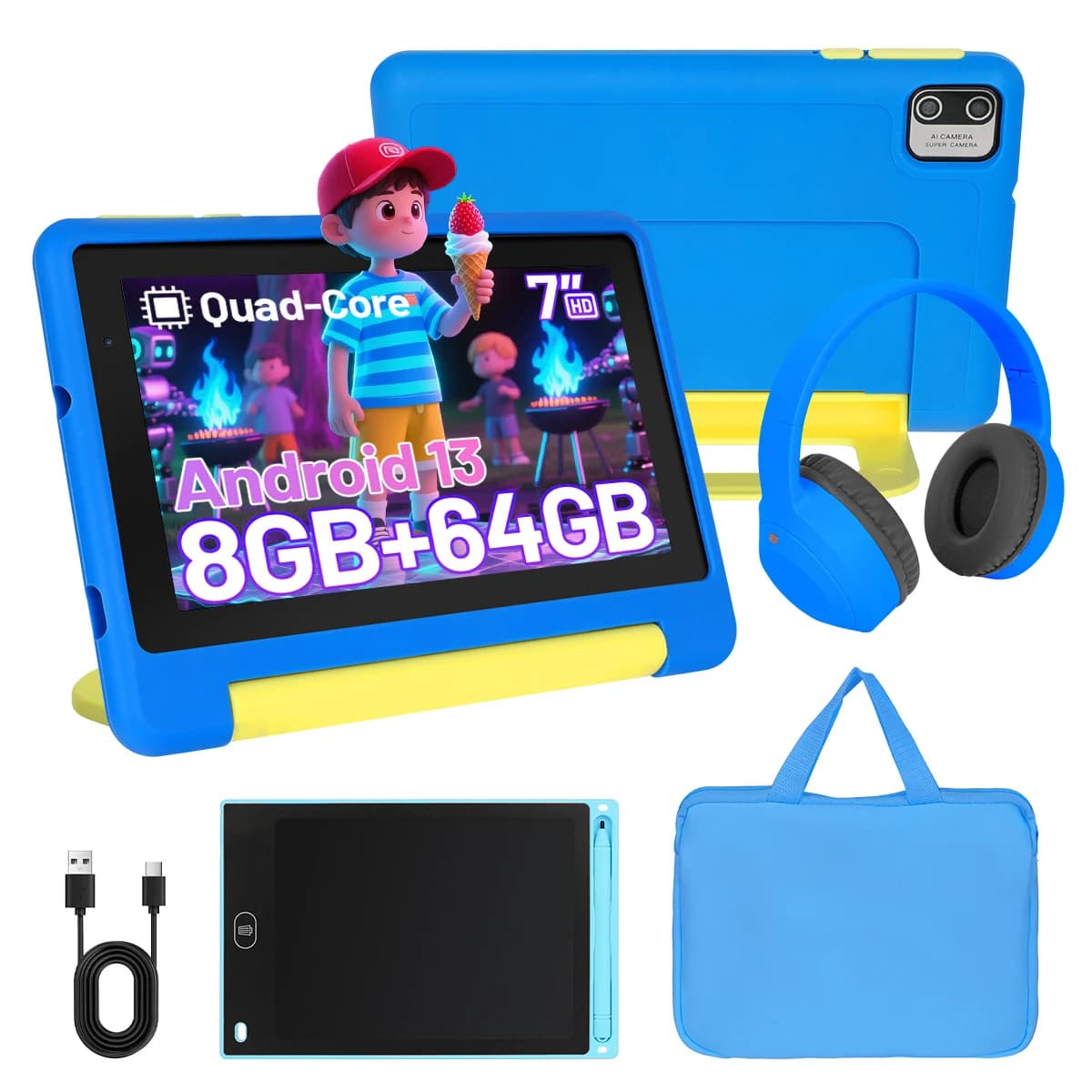 2026 NEW Bundle Kit 7 Inch Android 13 Kids Tablet Quad‑Core 8GB(2GB+6GB Expand RAM) 64GB EMMC With Headphone Storage Bag US Local Warehouse
