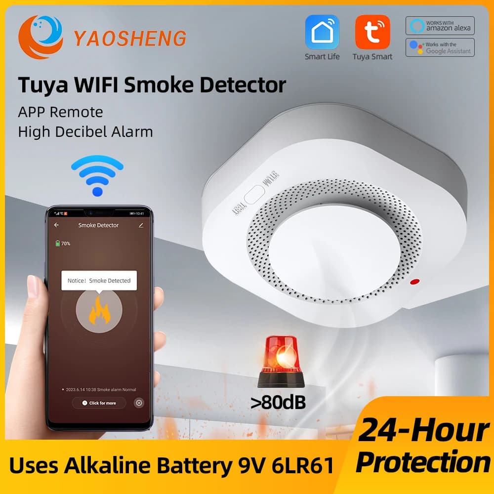 Tuya WIFI Rilevatore di fumo Sistema di allarme di sicurezza domestica Avviso antincendio per casa o negozio Magazzino Ufficio App Tuya Smart Life
