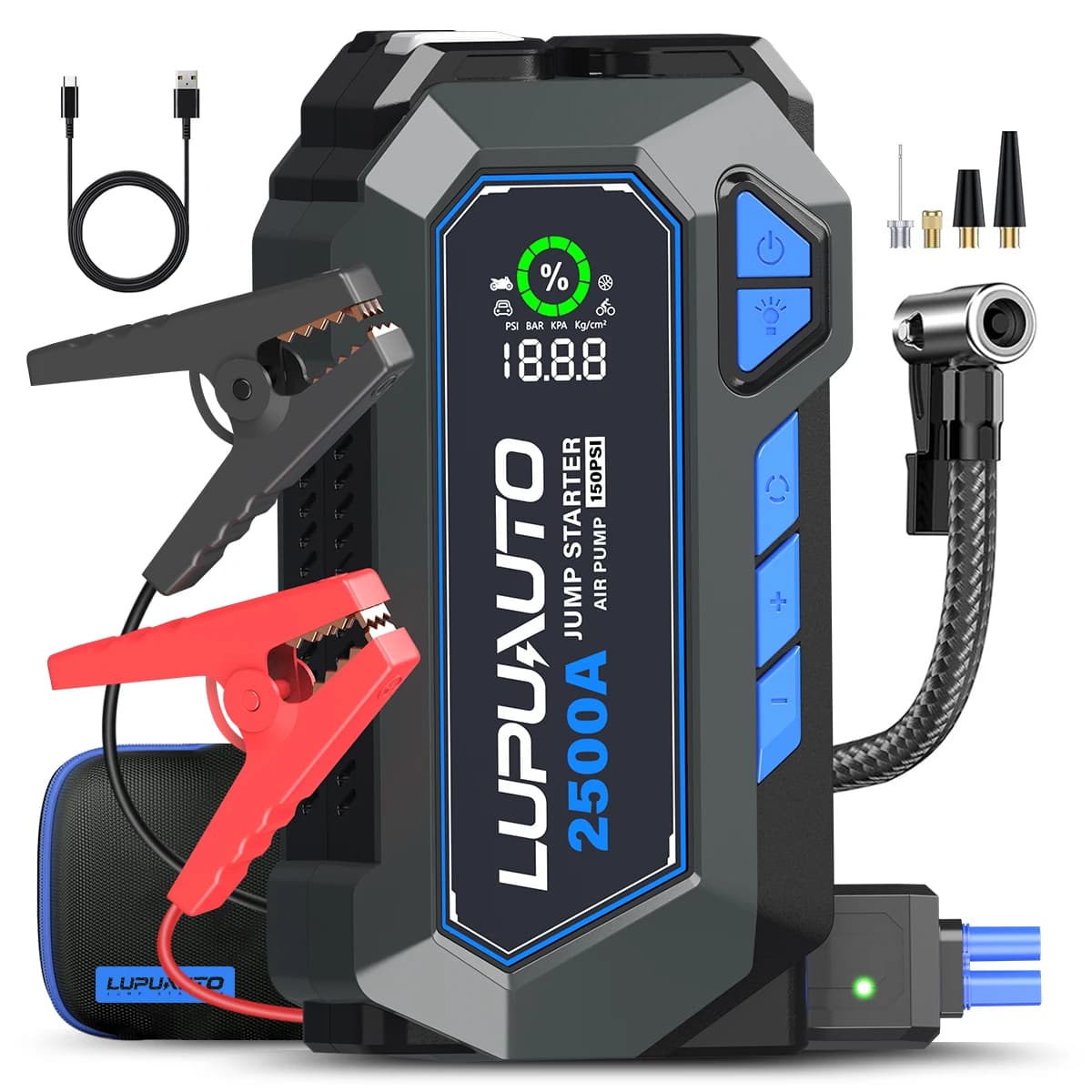 Avviatore di Emergenza 2500A con Compressore d'Aria 150PSI, Booster Portatile per Batteria Auto 12V (7.5 Benzina/5.0L Diesel) con Compressore d'Aria