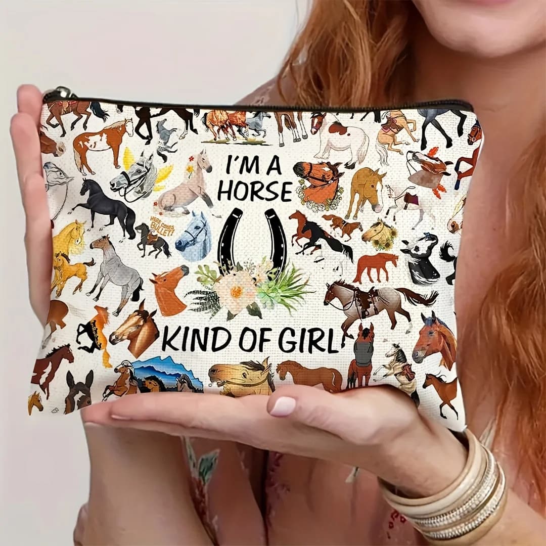 1 piece equestrian style, retro design, multifunctional travel bag for tricks, snack bag, stationery bag, fashionable toilet bag, printed zipper clutch on both sides in canvas.