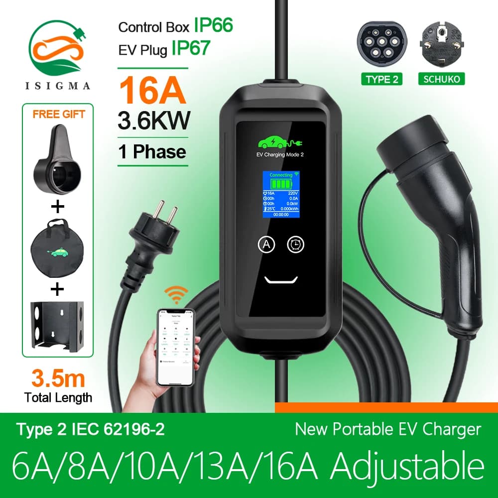 ISIGMA type 1 type 2 EV charger electric car charging box Tuya APP 6A-16A 3.5M 1 phase EVSE charging cable mode 2