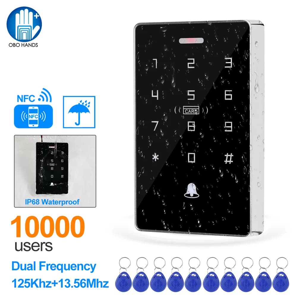 NFC Retroilluminazione Touch Doppia Frequenza 125KHz + 13,56MHz Scheda RFID Controllo Accessi Tastiera Apriporta Serratura Uscita WG IP68 Impermeabile