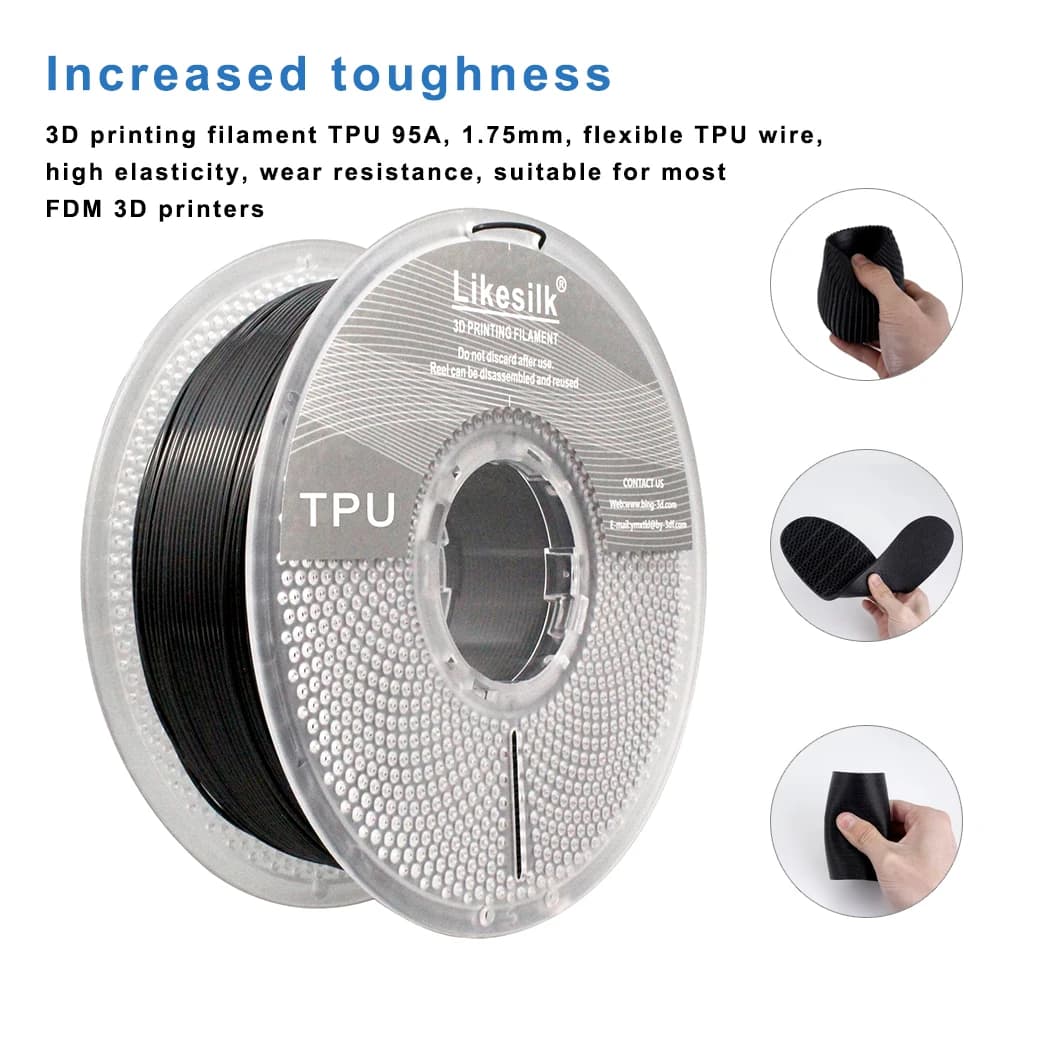 Filament TPU Likesilk 95A, soft and flexible 3D printer filament 1,75 mm, dimensional accuracy +/- 0.03, 1 kg coil (2.2 pounds), (TPU-Bla