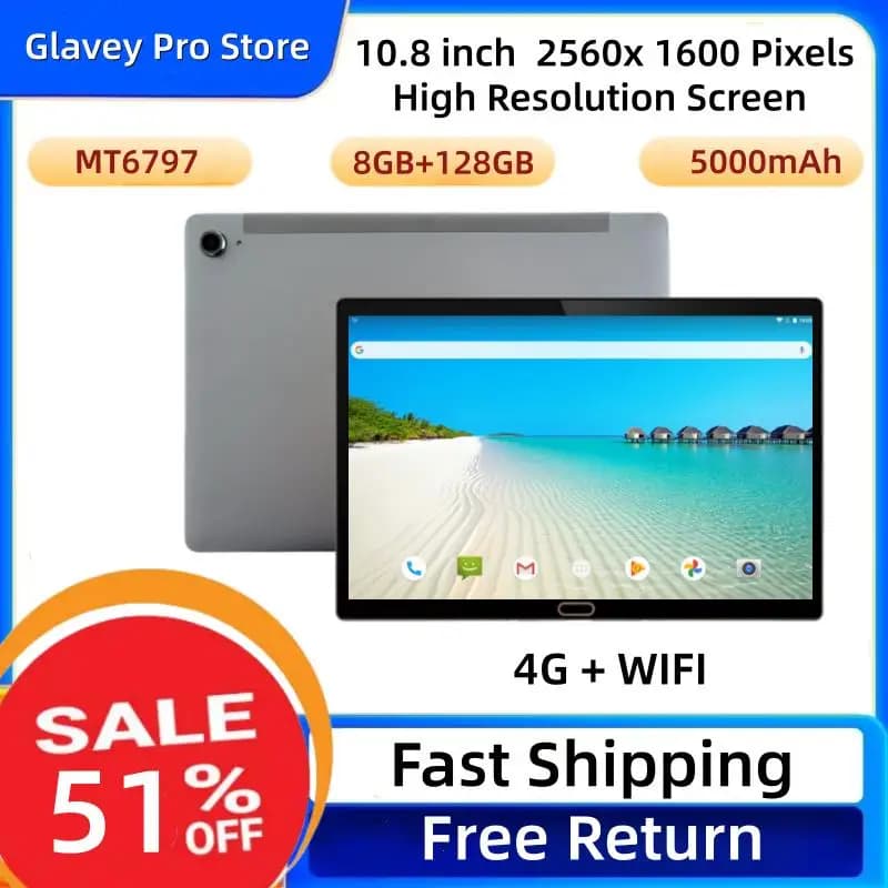 Tablet Android 10 with Call 4G, 8GB RAM, 128GB ROM, Screen 10.8\", MT6797 10-core, 4G+WIFI, 2560x1600 Pixel, Double Camera, 5000mAh