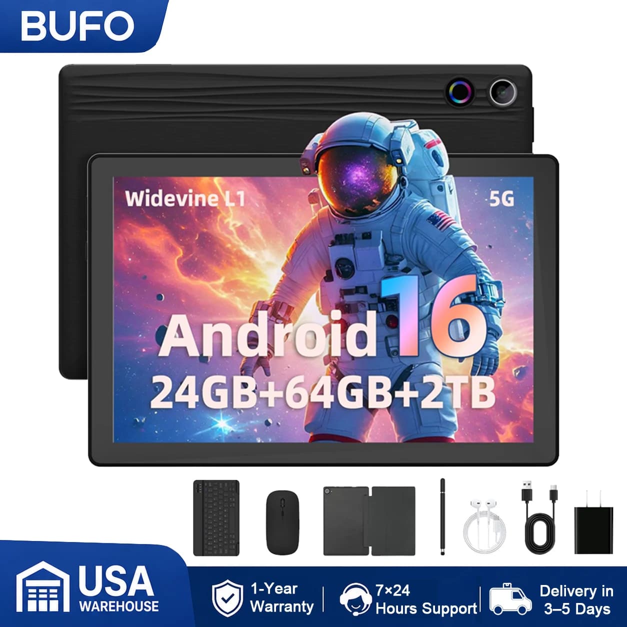 10.1 Inch Android 16 Tablet Bundle Complete Set 24GB(3+21) Intelligent RAM 64GB ROM Support 2TB TF Expansion 1280*800 HD LCD Screen Widevine L1 6000mAh Battery Dual Camera Keyboard Mouse Case Stylus Earphones Charger Kit Black Tablet PC For Study Work