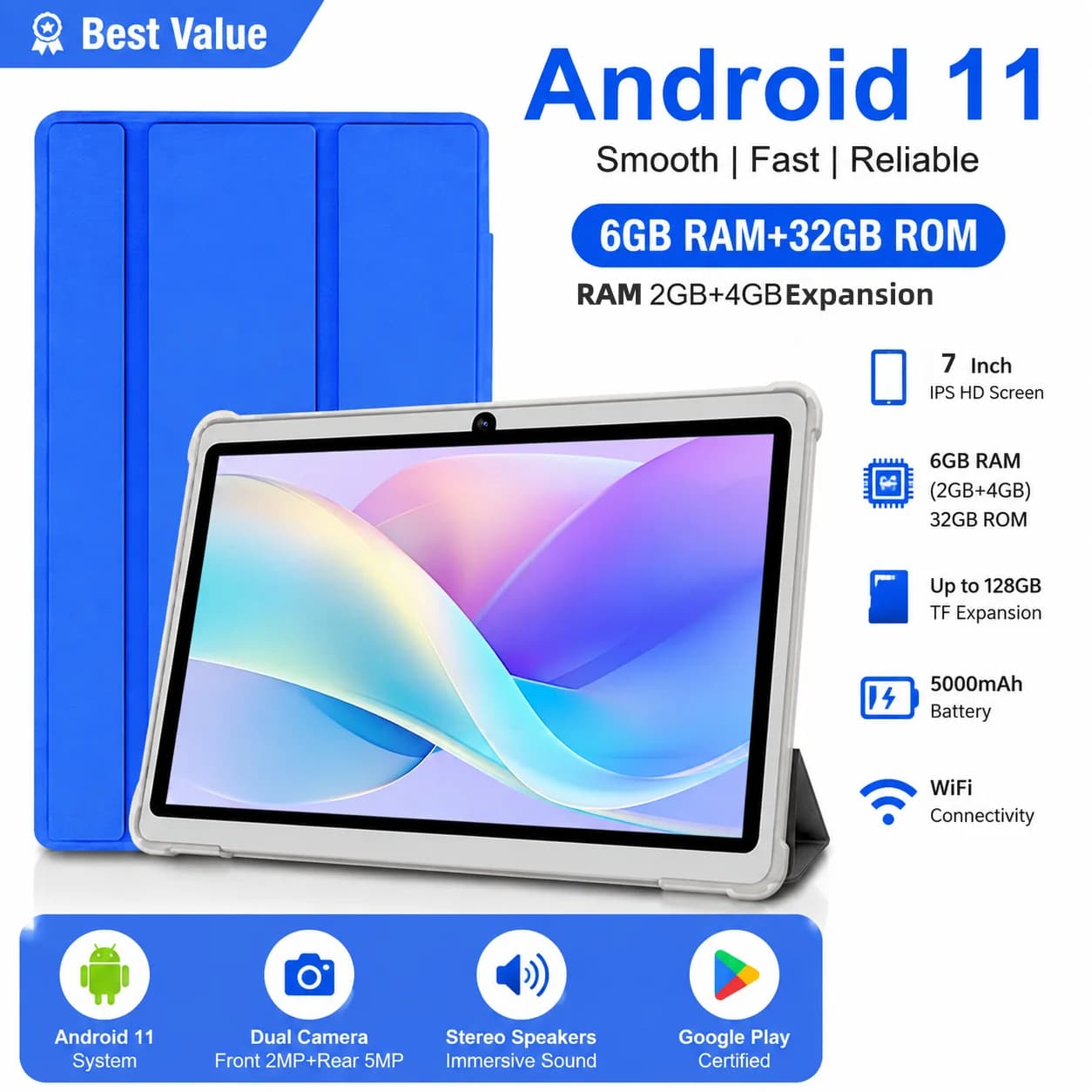 Tablet for Children Global Version 2026, 7 Inch, 4G WiFi, Quad Core, 2GB RAM, 32GB ROM, Double Camera, Children's Gift, Android 11