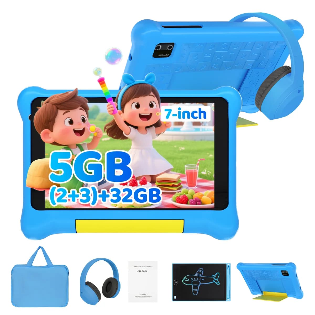 7 "Kids Learning Tablet Bundle Scrittoio Disegno Tablet Cuffie Borsa stilo Controlli parenici Android13 Quad Core 5 GB + 32 GB