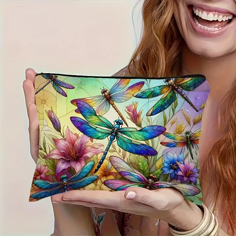 1 piece multifunctional travel bag with floral retro design with colored dragonfly, bag to store snacks, bag to store stationery items, fashionable toilet bag, zipper case printed on both sides in canvas
