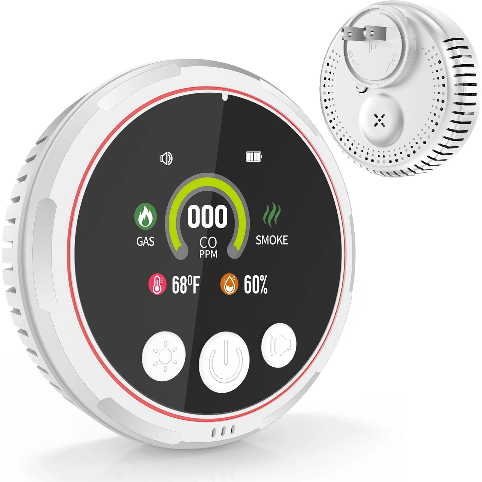 Rilevatore di monossido di carbonio, fumo e perdite di gas 5 in 1 con schermo HD – Allarme di backup plug-in e batteria per CO, gas combustibile,