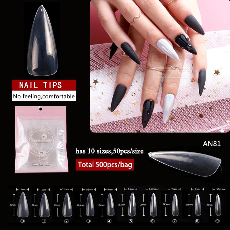 500 pcs/Lot Long almond Transparent ABS Nails Full Cover Style Toe False Tips Artificial Acrylic Nail Tips For Nail Salon