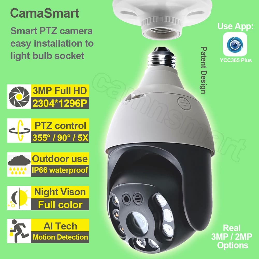 Dropshipping Camera Wifi Onvif 3MP E27 lampadina lampada PTZ impermeabile 4X Zoom digitale facile installazione sicurezza domestica esterna Ycc365plus