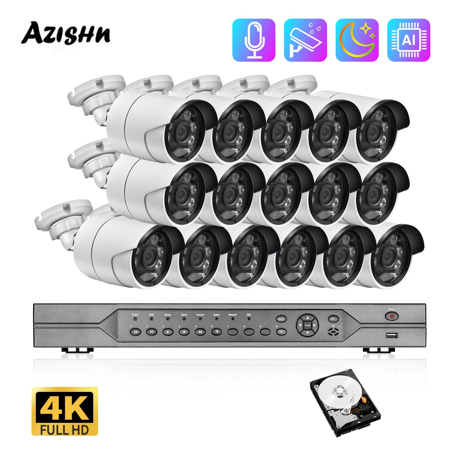 AZISHN 16CH 4K 8MP POE NVR Kit H.265 sistema CCTV telecamera IP visione notturna a colori Audio rilevamento umano set di videosorveglianza di sicurezza