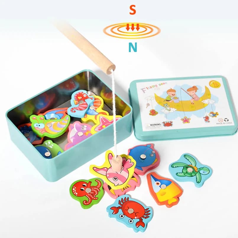 16 Pz/set Del Bambino di Legno Gioco di Pesca Magnetico Giocattoli Set Scatola di Ferro Novità Cognizione Del Fumetto 3D Legno Divertente Pesce Subacqueo Giocattolo Regali