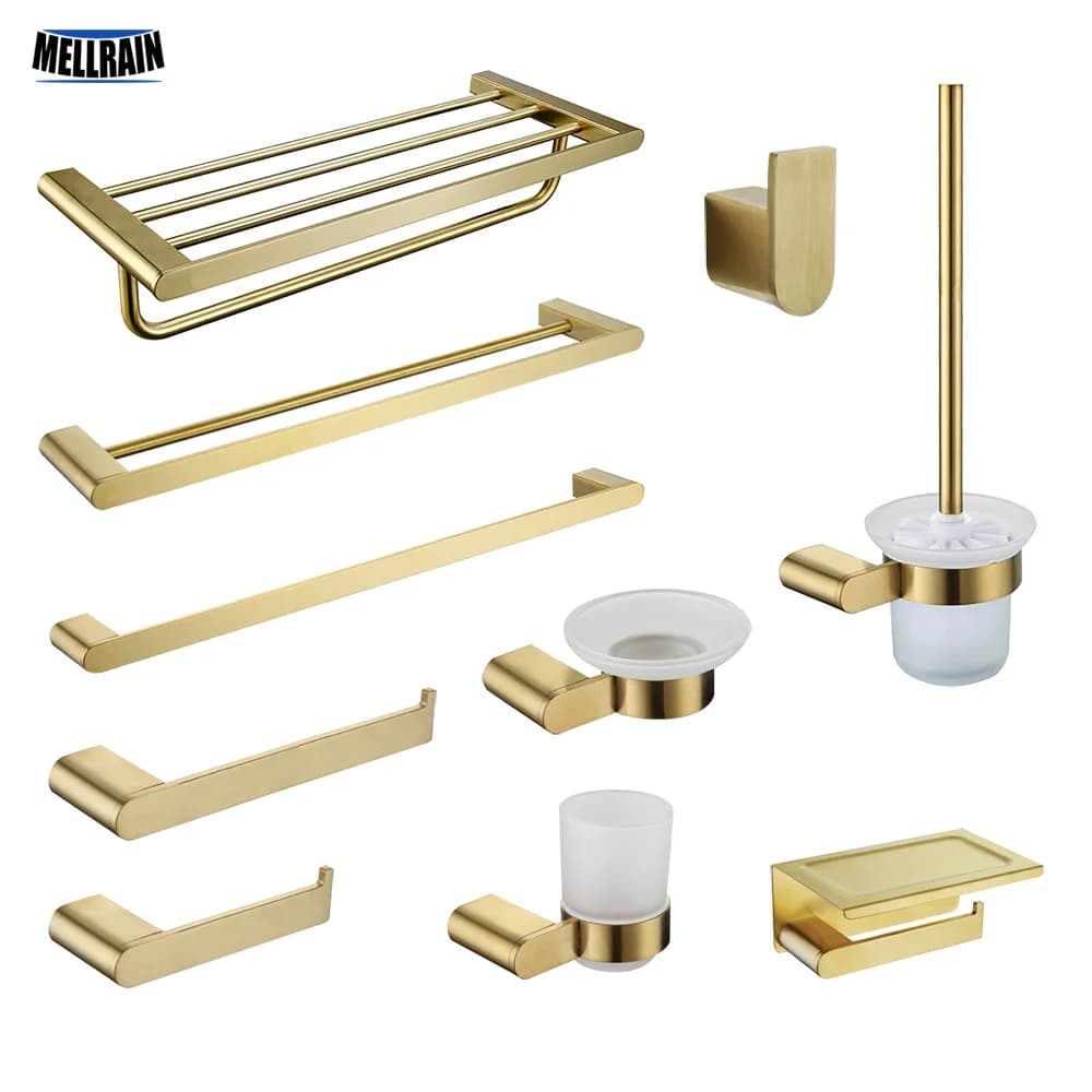 Accessori da bagno in oro spazzolato Portasciugamani Porta carta Portasapone Spazzola per WC Portasciugamani Tazza per denti Hardware in acciaio inossidabile