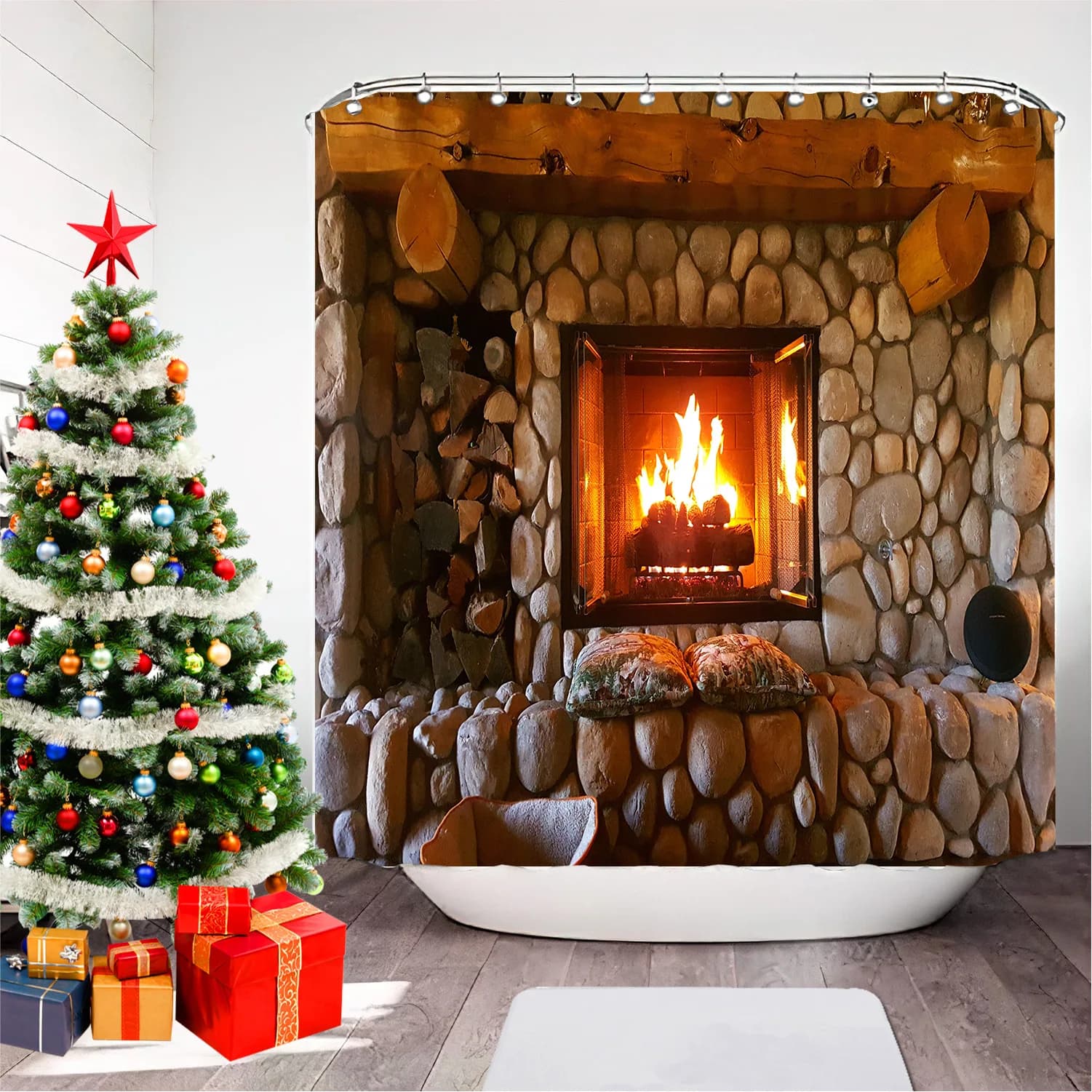 Tenda da doccia per bagno stampata natalizia Pupazzo di neve Babbo Natale Tenda in poliestere impermeabile Decorazione per la casa Finestra Albero di Natale