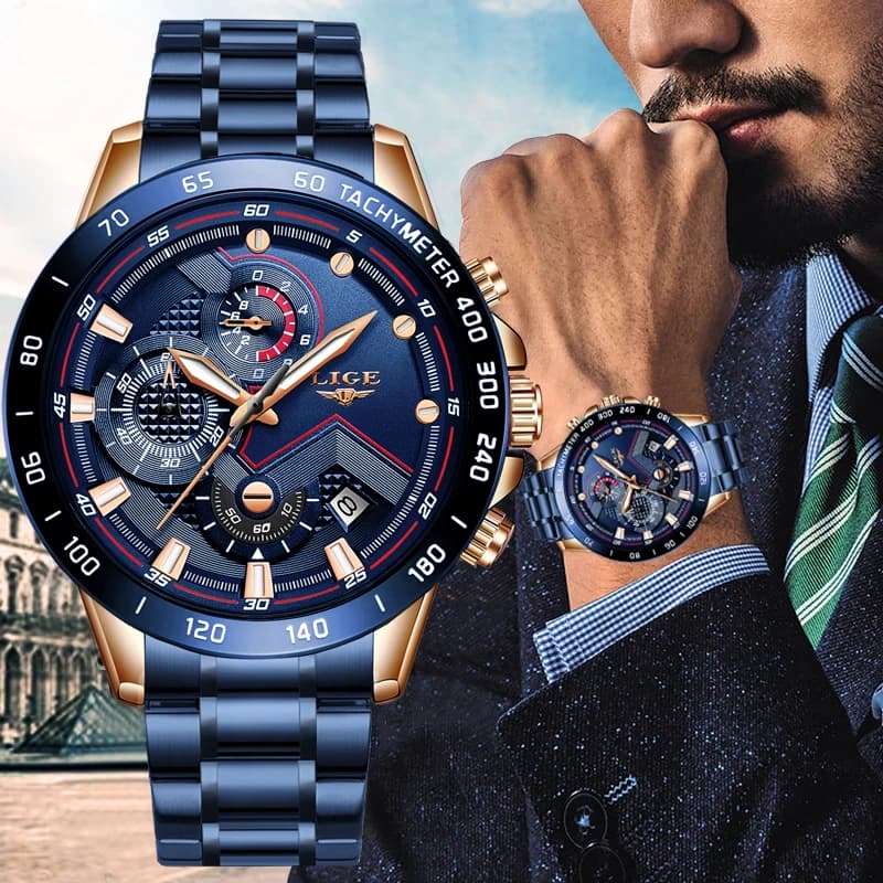 LIGE men's watch waterproof blue luxury stainless steel high brand men's watch sports chronograph man's watch