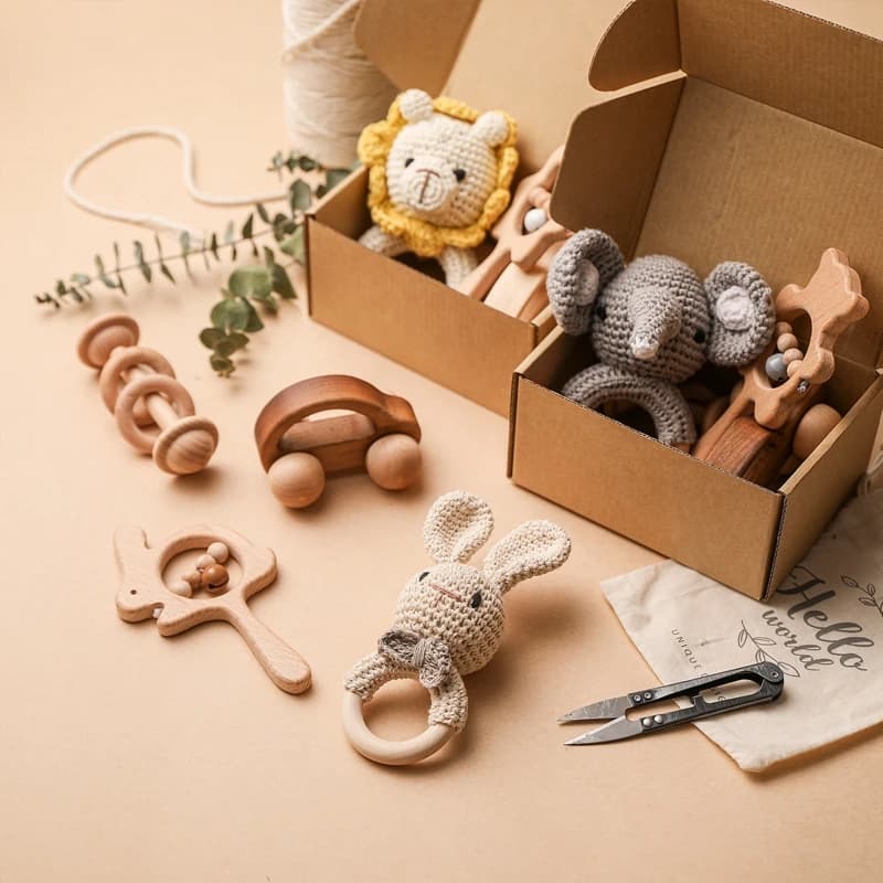 4 pezzi bambino sonaglio in legno all'uncinetto giocattoli massaggiagengive in legno naturale sonaglio animale giocattolo Montessori Eco Friendly neonato regalo neonato