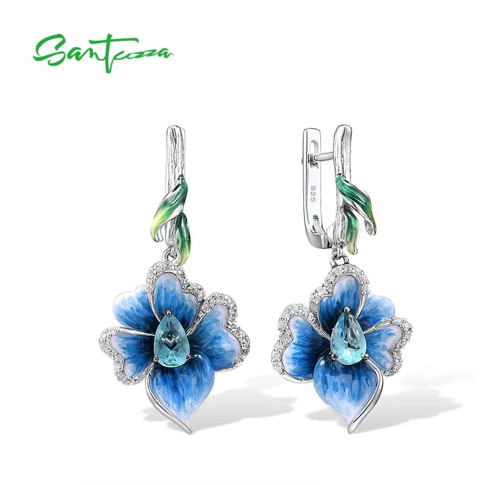 SANTUZZA Orecchini pendenti in argento per donna Genuino argento sterling 925 Eleganti fiori blu Alla moda Gioielleria raffinata Smalto fatto a mano