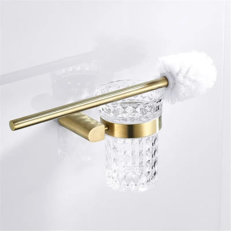 Portascopino da Bagno in Acciaio Inox Dorato Spazzolato, Supporto a Parete per Accessori Bagno, Portascopino in Vetro