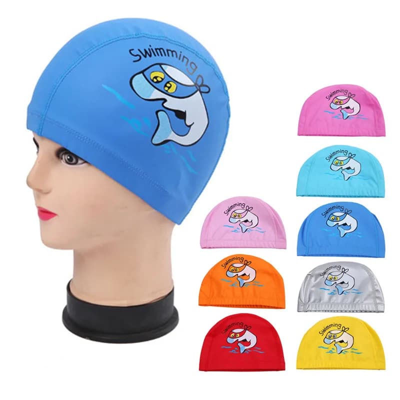 Children's Swimwear Fabric PU Waterproof Funny Cartoon Animal Dolphin Protect your ears Long hair Boys Girls Pool Head Hat