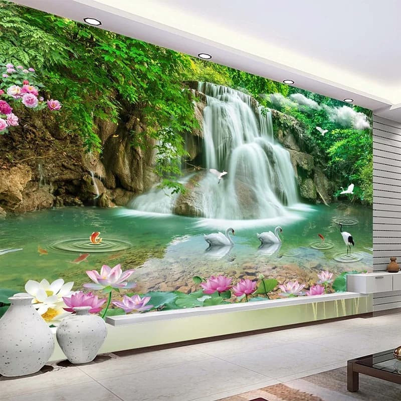 Foto personalizzata Carta da parati murale HD Cascata Fiume Cigno bianco Albero verde Natura Paesaggio pastorale Carta da parati murale 3D per pareti 3 D