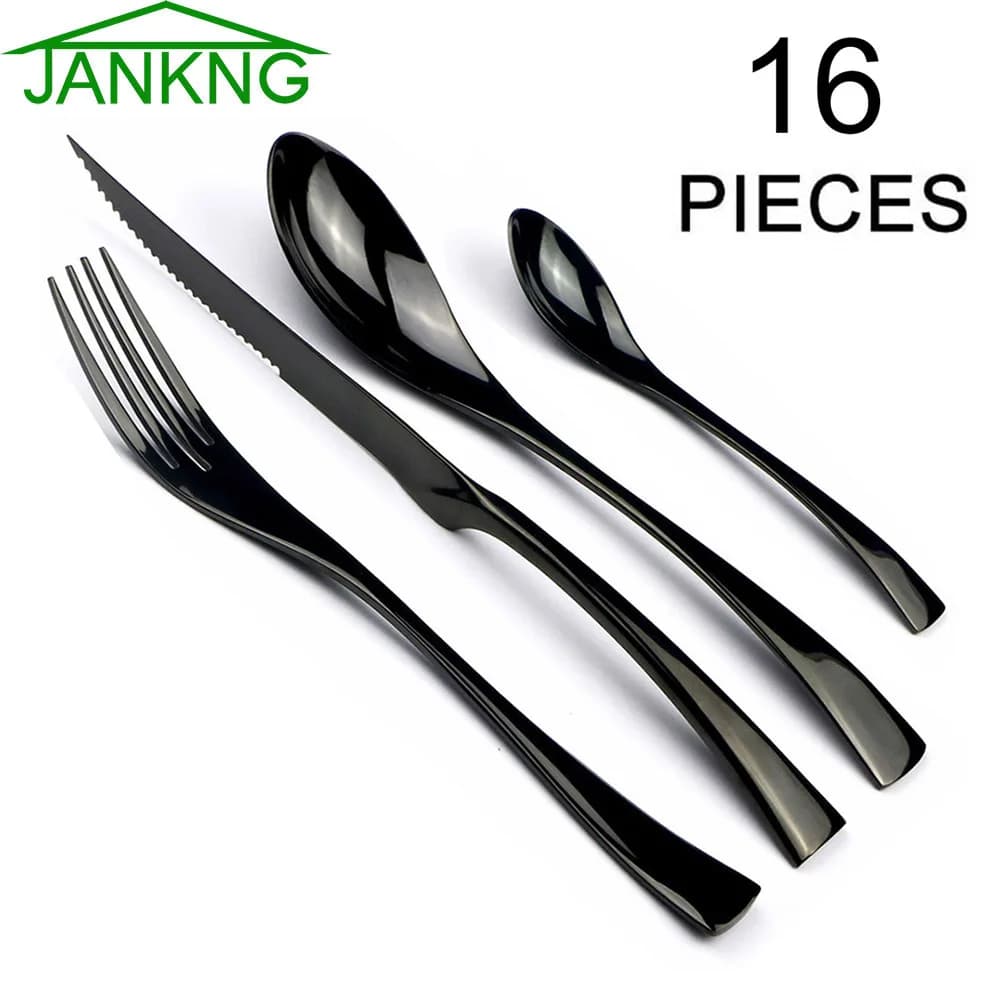 JANKNG 16 pezzi set di stoviglie in acciaio inossidabile set di posate nere argenteria stoviglie da cucina forchetta coltello da bistecca cucchiaio da tè set da pranzo