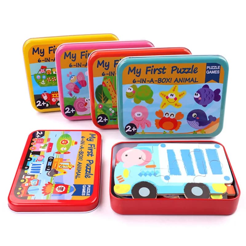 Puzzle 3D in Scatola di Metallo con Animali/Veicoli in Legno, Gioco Educativo per Bambini, Regalo