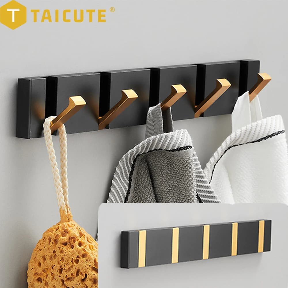 TAICUTE folding towel rack 2 way installation wall hooks clothes hangers for bathroom kitchen bedroom hallway, black gold