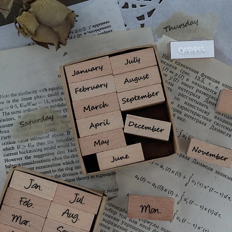 Yoofun 8pcs/12pcs One Week Wooden Stamp Set 12 Months Wood Rubber Stamps for Journaling Scrapbooking Card Making Seal Stationery