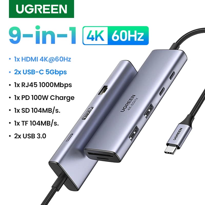 UGREEN 4K60Hz USB C HUB 9-in-1 Tipo-C a HDMI PD100W 2 porte USB-A e C RJ45 SD e TF per MacBook Pro Laptop USB3.0 Splitter Docking
