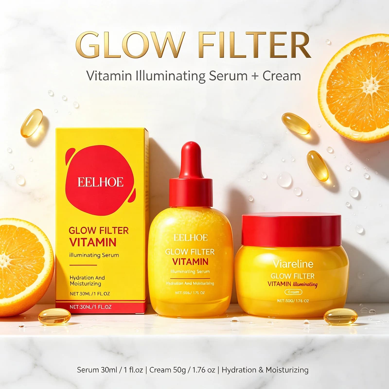 Korean Skin Care Set Glow Filter with Siero Vitamin Lighting C-Peptide and Cream 30ml serum + 50g Cream, Duo Scrashing and Hydrating