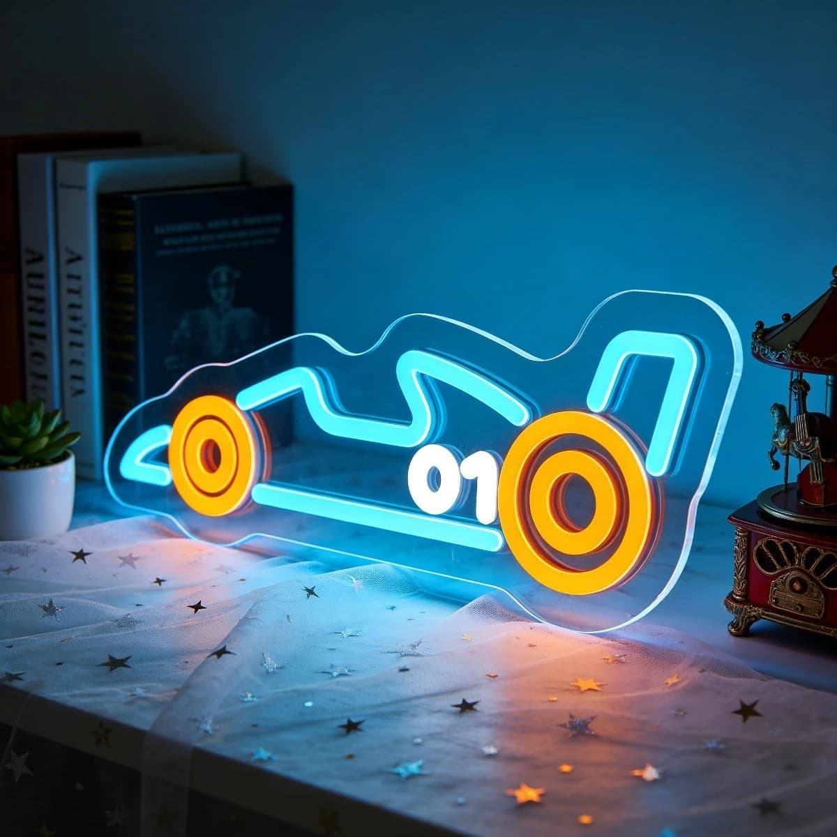 Insegna al Neon LED USB Dimmerabile Numero 01 Auto da Corsa Autentica, Luce Blu Arancione per Sala Giochi, Camera da Letto, Decorazione Man Cave, Regalo