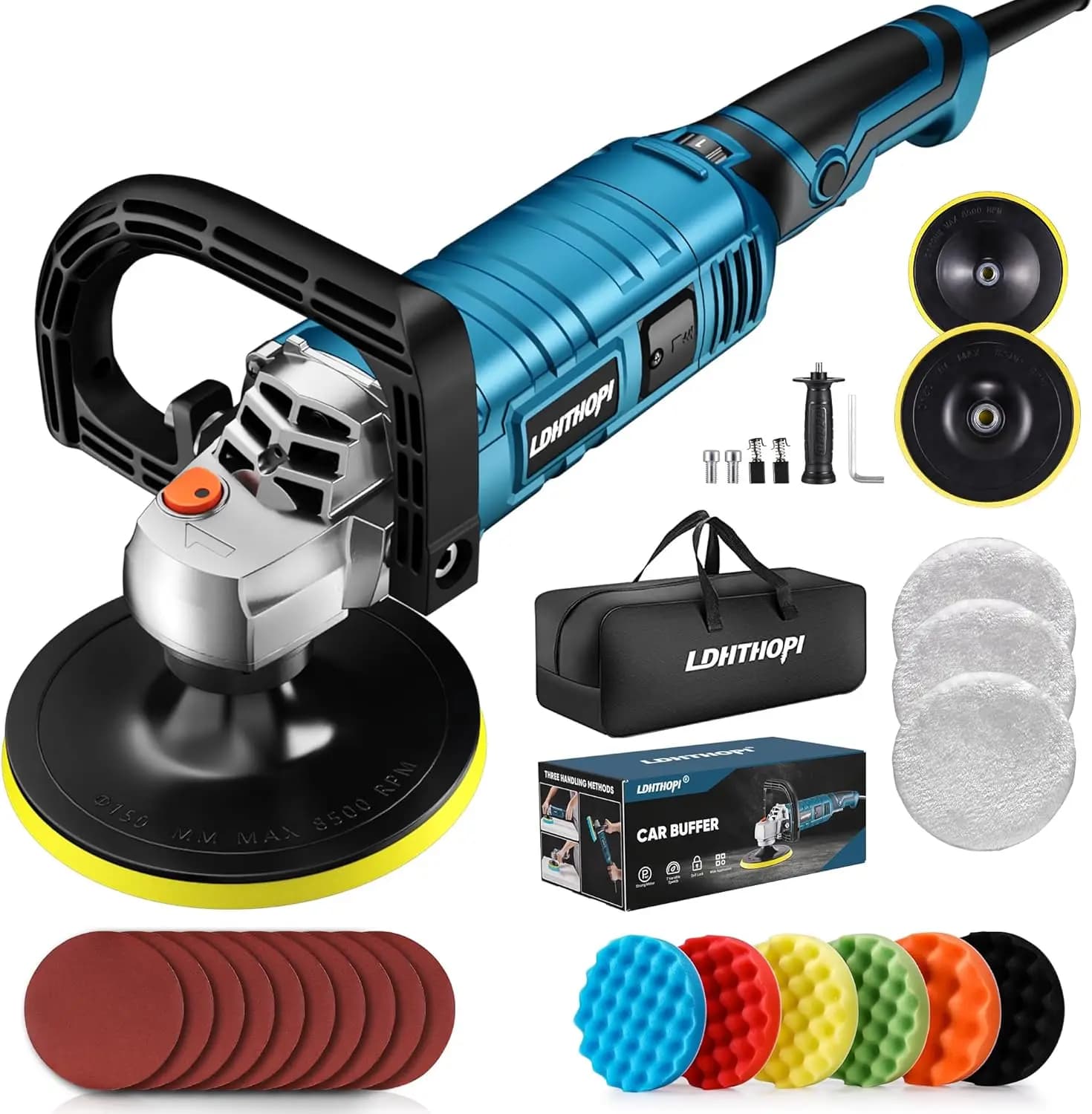 Lucidatrice Rotativa 1600W, 7 Velocità Variabili 1000-3500 RPM, Impugnatura Staccabile per Lucidatura e Ceratura di Auto e Barche
