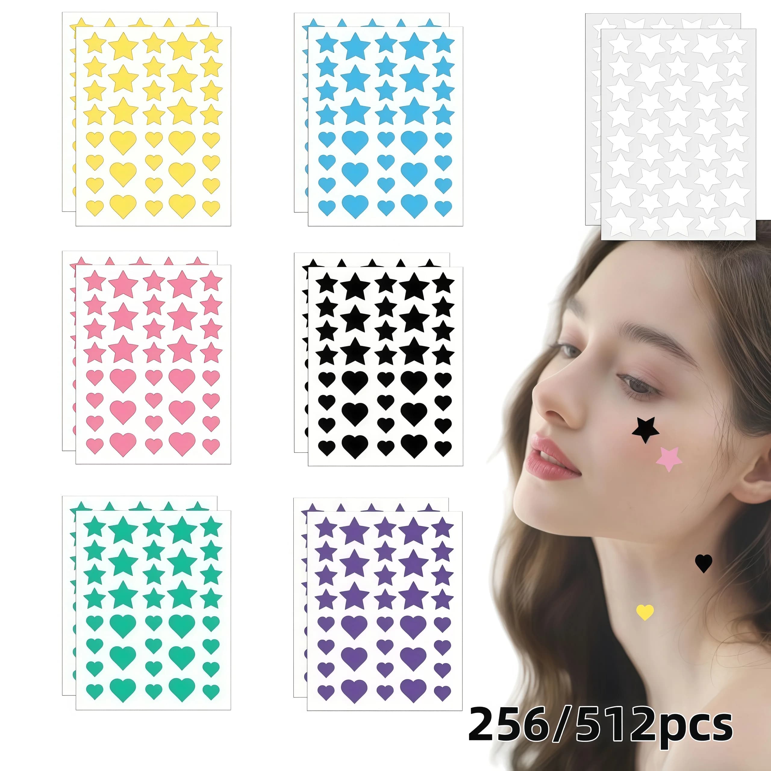 256/512 pezzi di cerotti per l'acne Chic a forma di stella e cuore in 6 colori – Delicati, assorbono le impurità, unisex, pratici ed efficaci per una pelle pulita