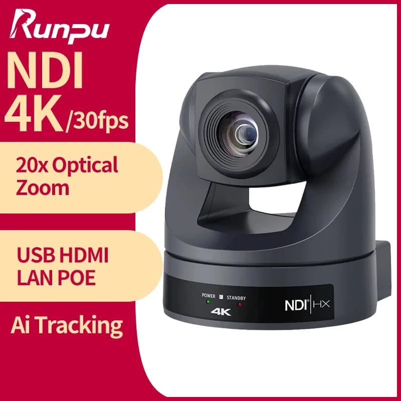 Telecamera per conferenze Runpu 4K/30fps PTZ con zoom video 20X, tracciamento AI, NDI, USB, HDMI, LAN, POE per l'istruzione, le riprese live e le riunioni aziendali