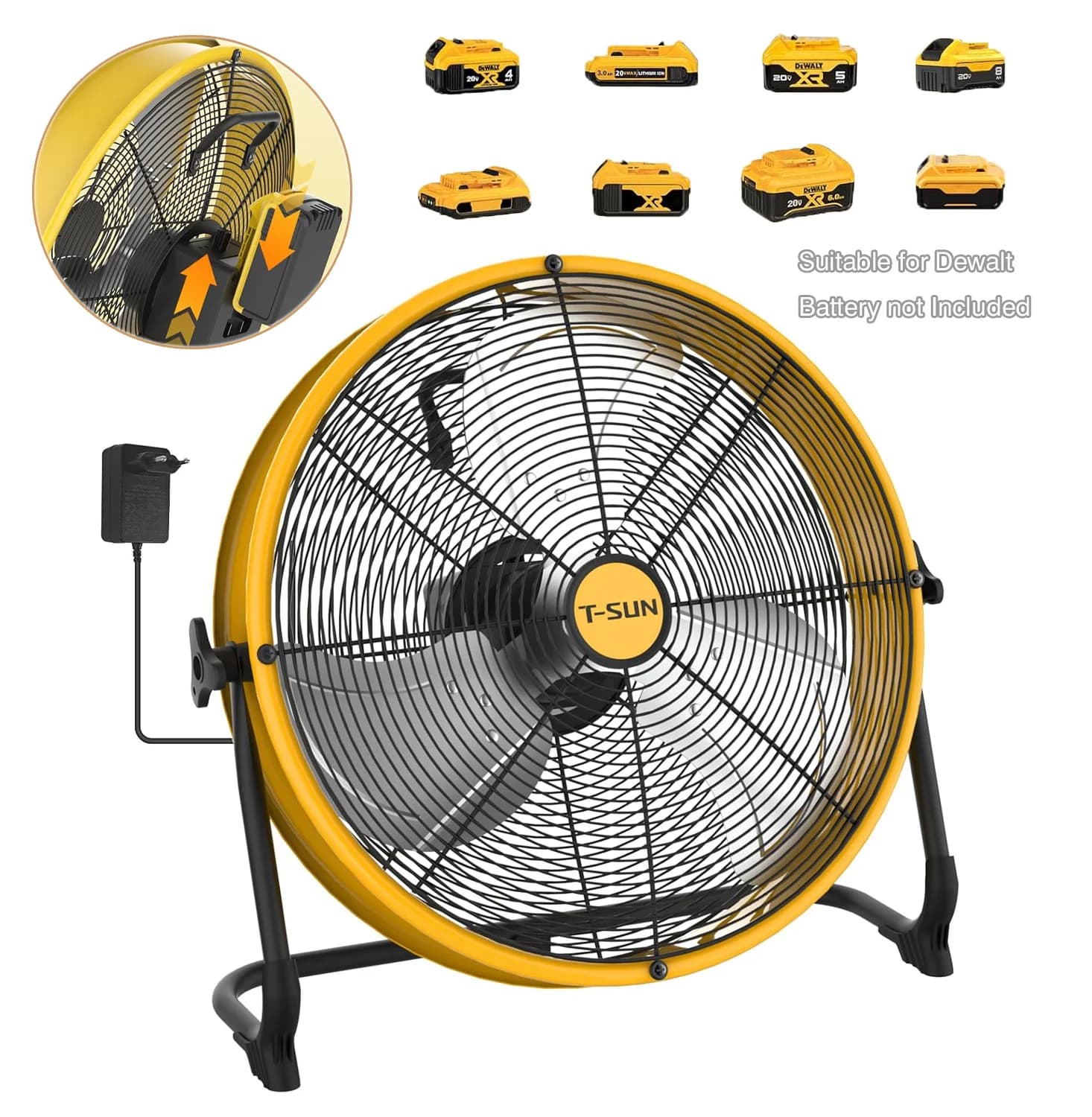 Ventilatore Portatile da 12/16 Pollici per Batteria Dewalt 18-20V, Ventilatore da Pavimento per Esterni con Adattatore AC, per Cantiere, Garage, Emergenze, Viaggi e Campeggio