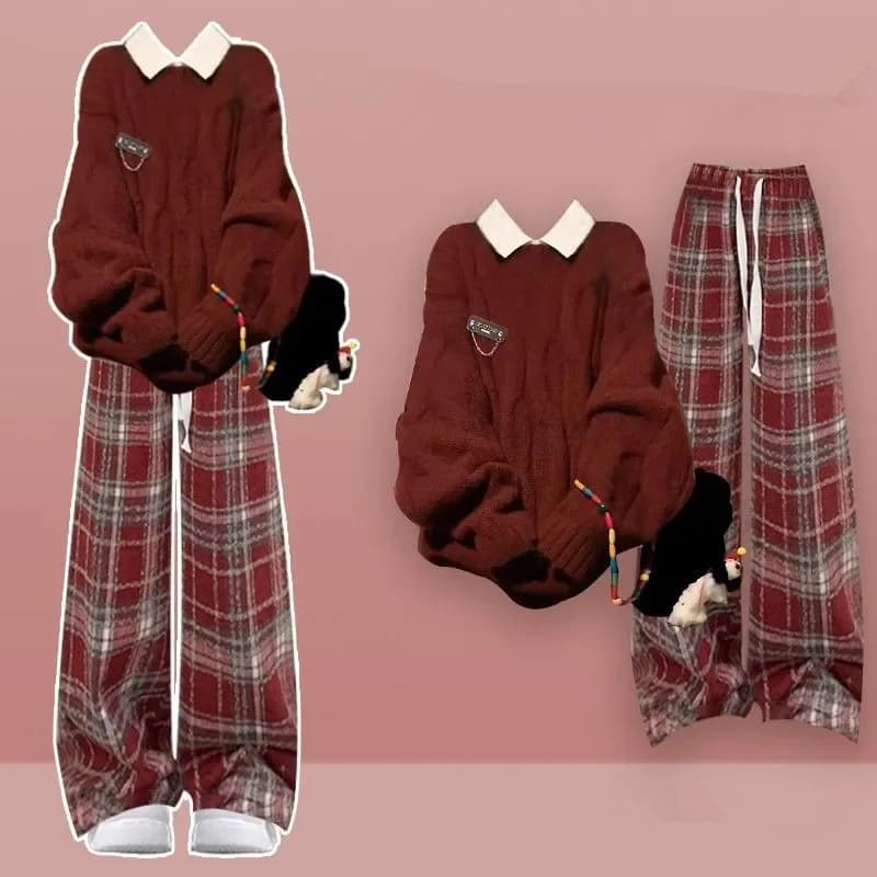 Women's Autumn Winter Lucky Red Sweater Shirts Plaid Wide Leg Pants Set Lady Casual Pullover Sweater Shirt Pants Dresses