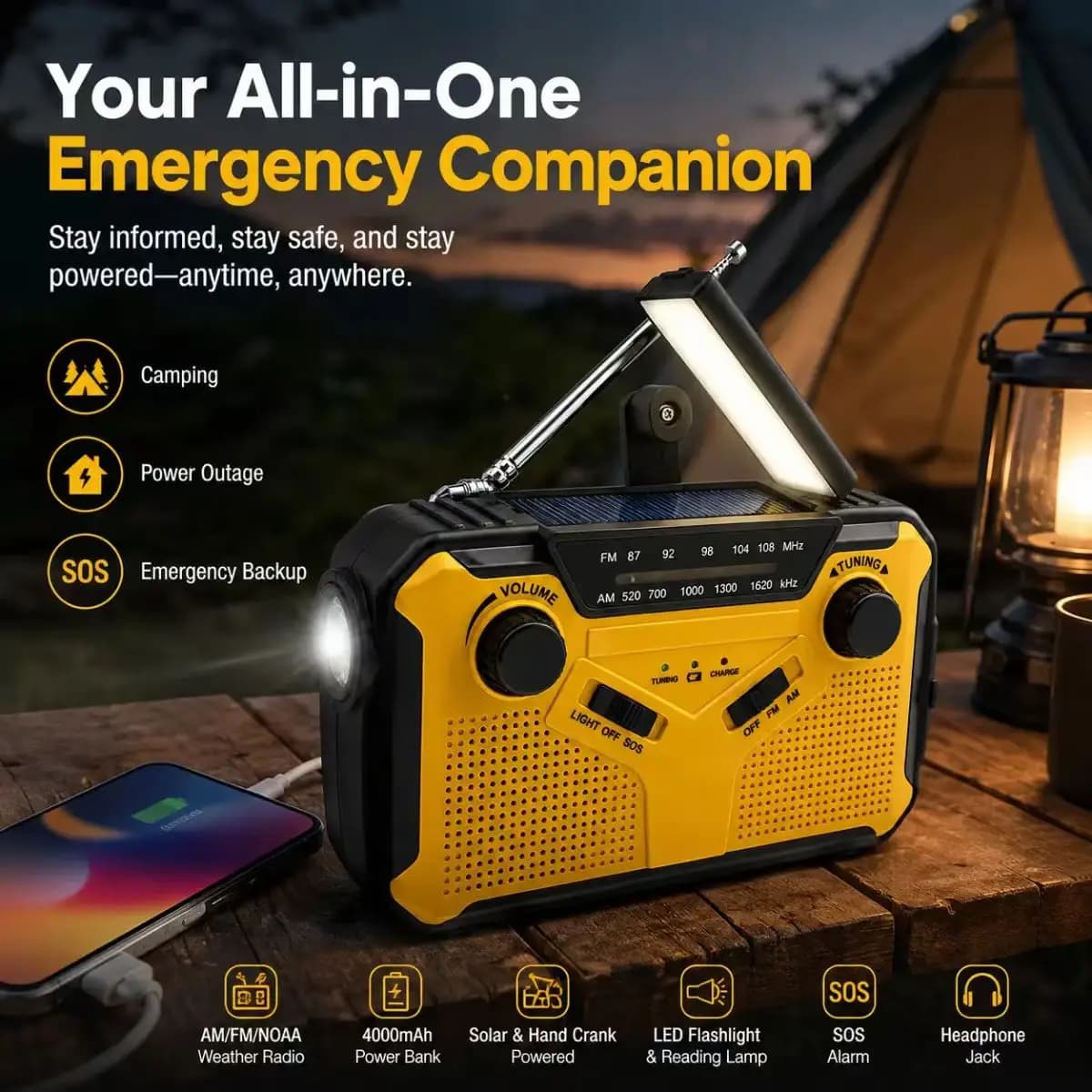 Radio solare, radio di emergenza con dinamo portatile AM/FM a manovella con batteria ricaricabile da 4000 mAh, torcia a LED, allarme SOS per campo
