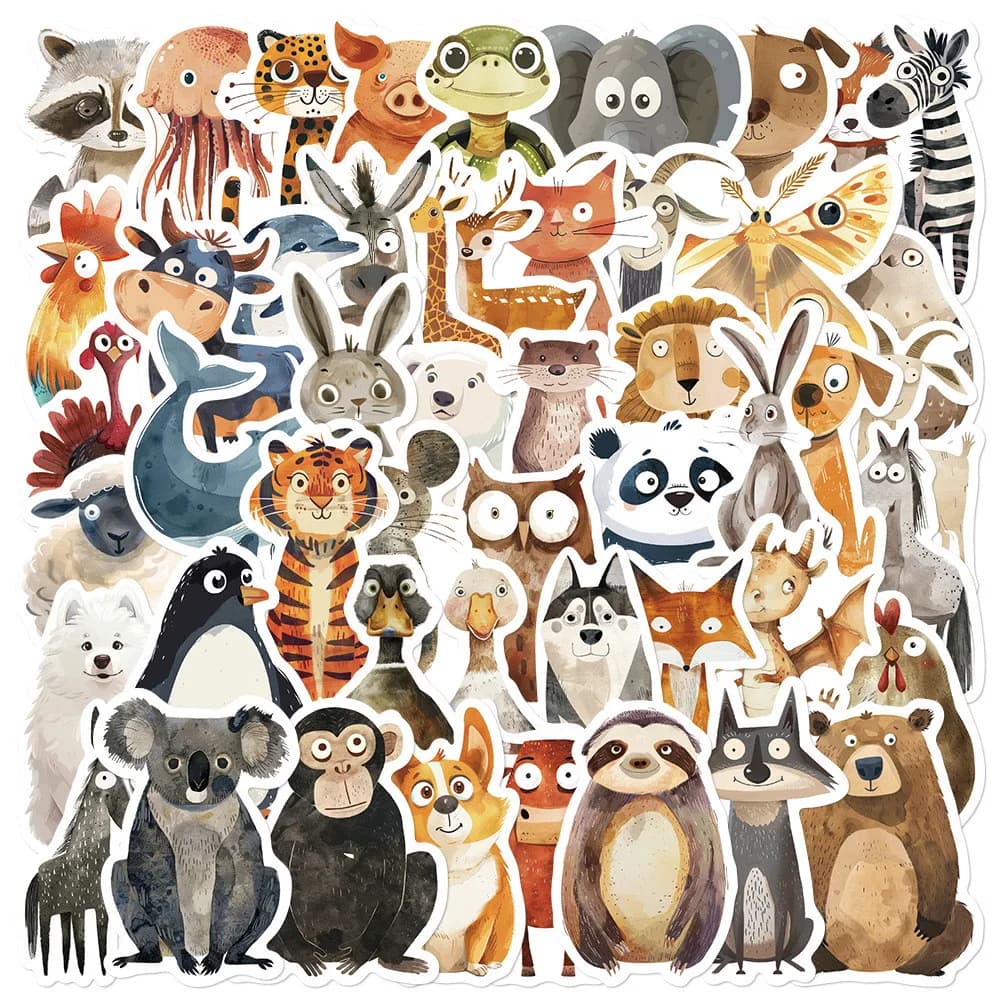 50 adesivi eccentrici per cartoni animati con animali ad acquerello: decalcomanie fai da te per bagagli, laptop e diari