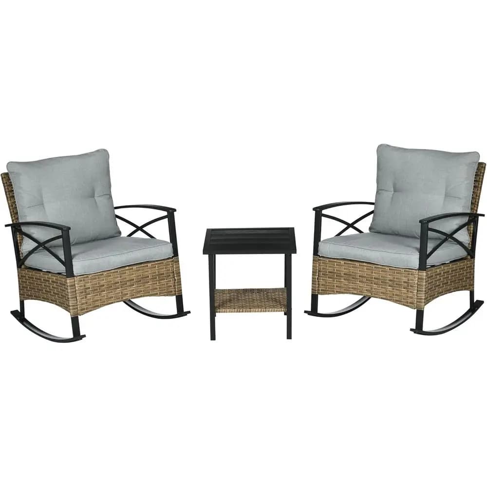 Set of outdoor rocking chairs in light grey 3 pieces wicker with padded seats and coffee table at 2 levels