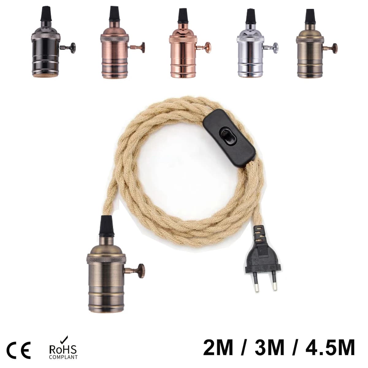 EU Plug Power Cable Braided Hemp Corda Decorative socket E27 Cable base copper lamp 2M 3M 4.5M 220V Electric cable for lighting