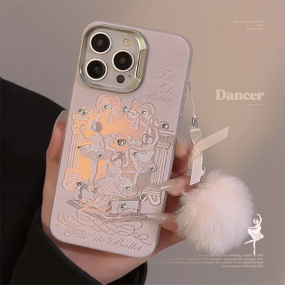 Luxury dancer phone case with pink glitter with ball pendant for iPhone 16 15 14 12 13 Pro Max Protective shockproof housing
