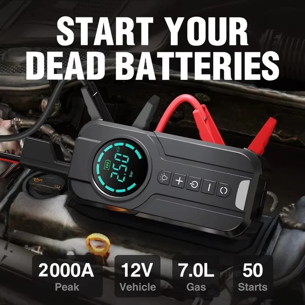 Pompa d'aria per avviamento di emergenza per auto Compressore d'aria 150PSI 2000A Avviamento di emergenza Accumulatori e caricabatterie di riserva Illuminazione Attrezzatura di avviamento della batteria