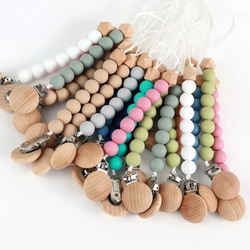 Hot Neonato Sicuro Giocattolo per la dentizione Manichino Porta capezzoli Clip per ciuccio per bambini Colore legno Perline in silicone Infantile Anti-goccia Prodotti a catena