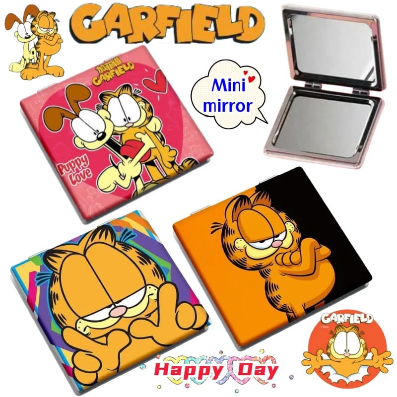 Specchio Pieghevole Portatile Bifacciale Personalizzato con Personaggi di Garfield, Jon Arbuckle e Odie, Specchio per il Trucco Creativo per Ragazze
