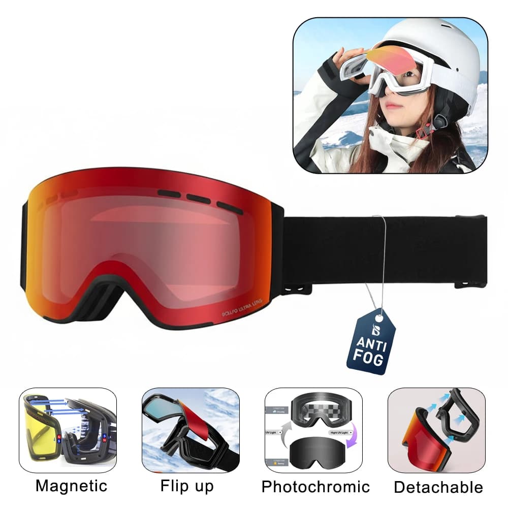 BOLLFO Occhiali da sci magnetici Occhiali da scolorimento Anti-Fog UV400 Lenti ribaltabili Spugna staccabile Lunette da neve Attrezzatura da sci per uomo